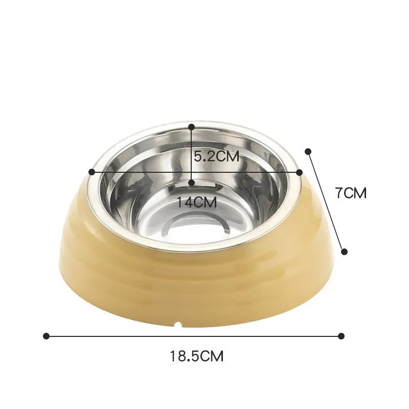 Stainless steel cat bowl on a plastic base in a choice of beige, brown, or light green.