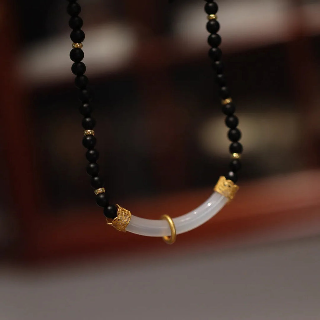 Natural frosted black agate white chalcedony necklace with 925 silver pendant