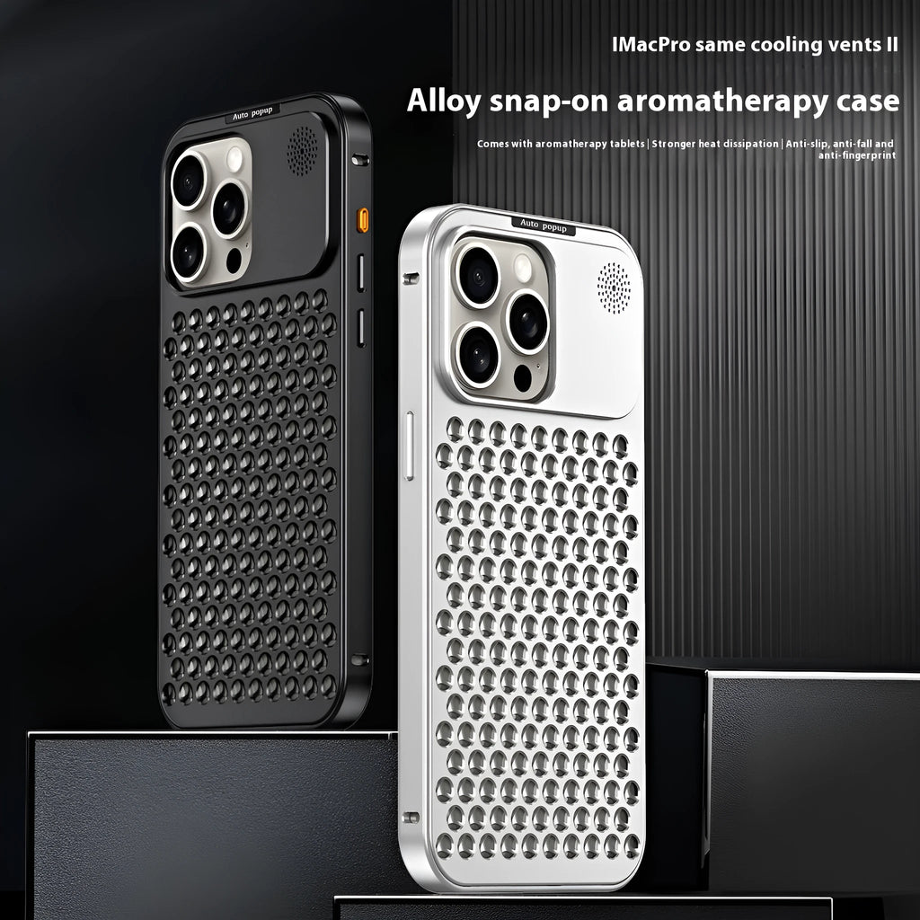 Aluminium alloy heat dissipation phone case for Apple iPhone in titanium black carved finish