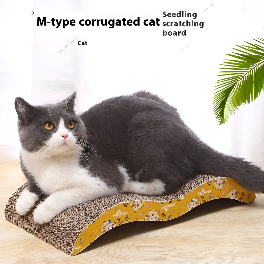 Leather-trimmed cat scratch board with corrugated paper surface in a bone shape style.