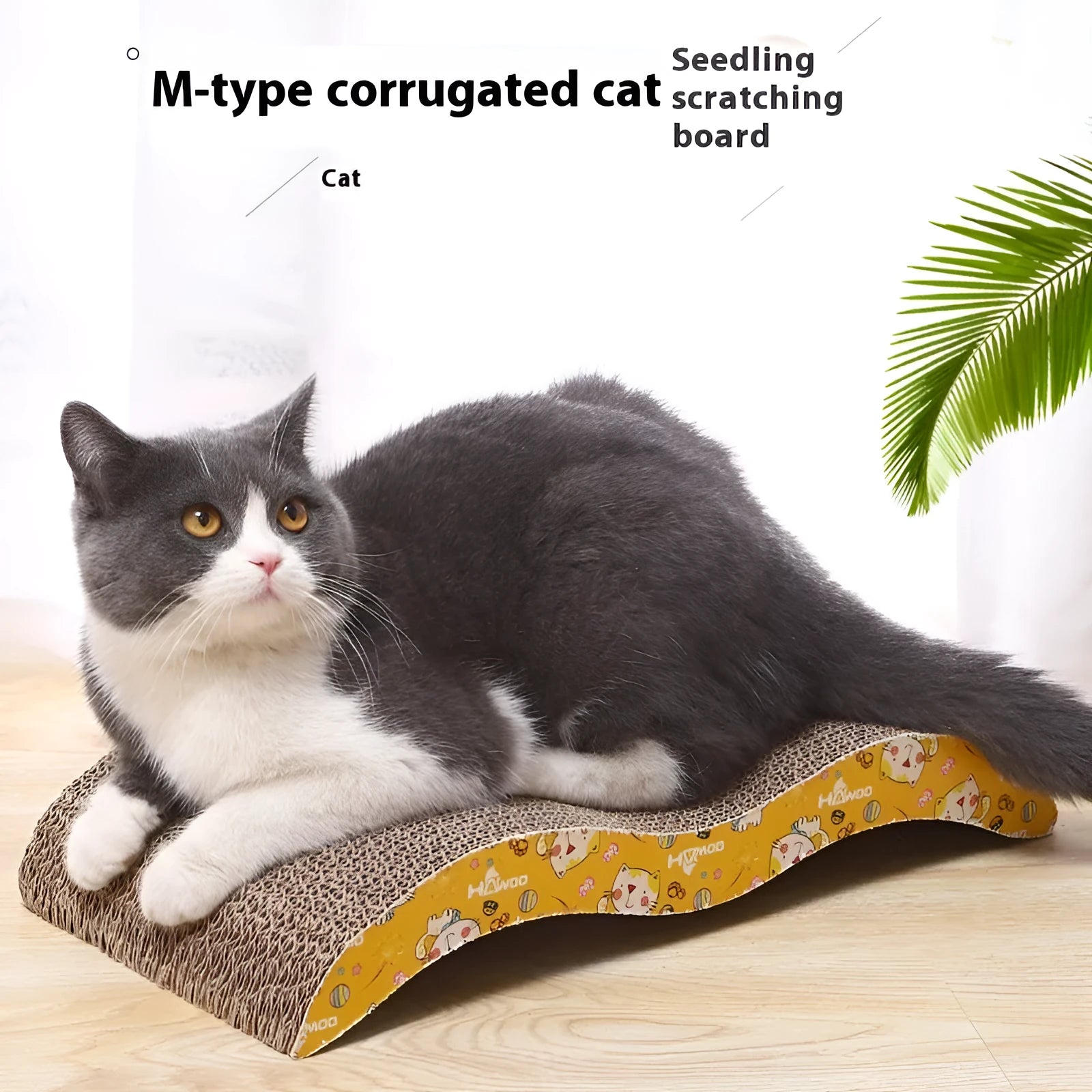 Leather-trimmed cat scratch board with corrugated paper surface in a bone shape style.