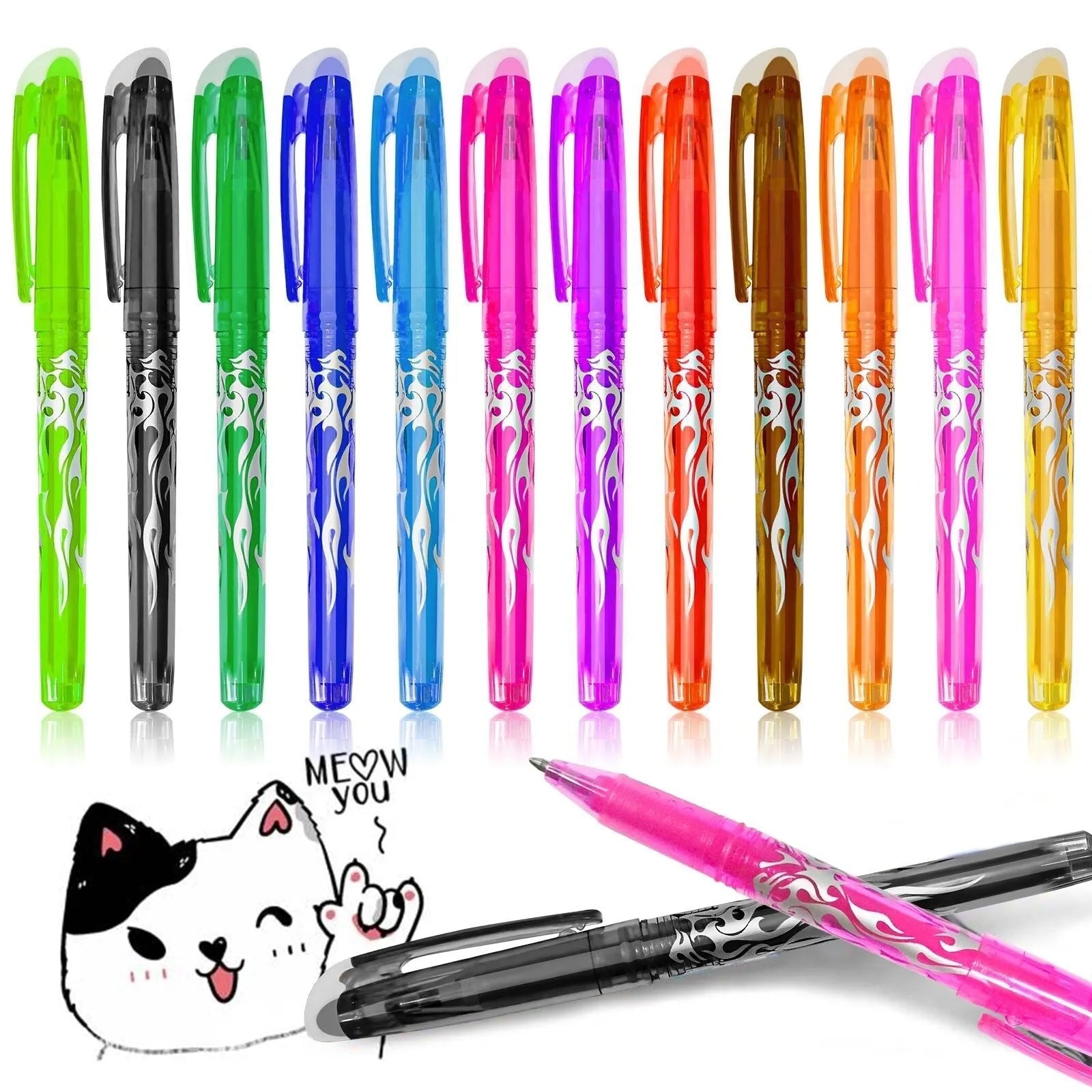 Heat-erasable gel pen set with multiple colours showing plastic shell and stainless steel nib options.
