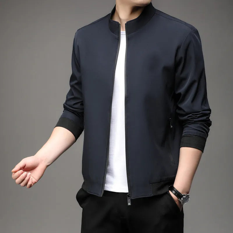 Korean style loose lapel casual jacket in black, lightweight polyester blend construction with zipper closure