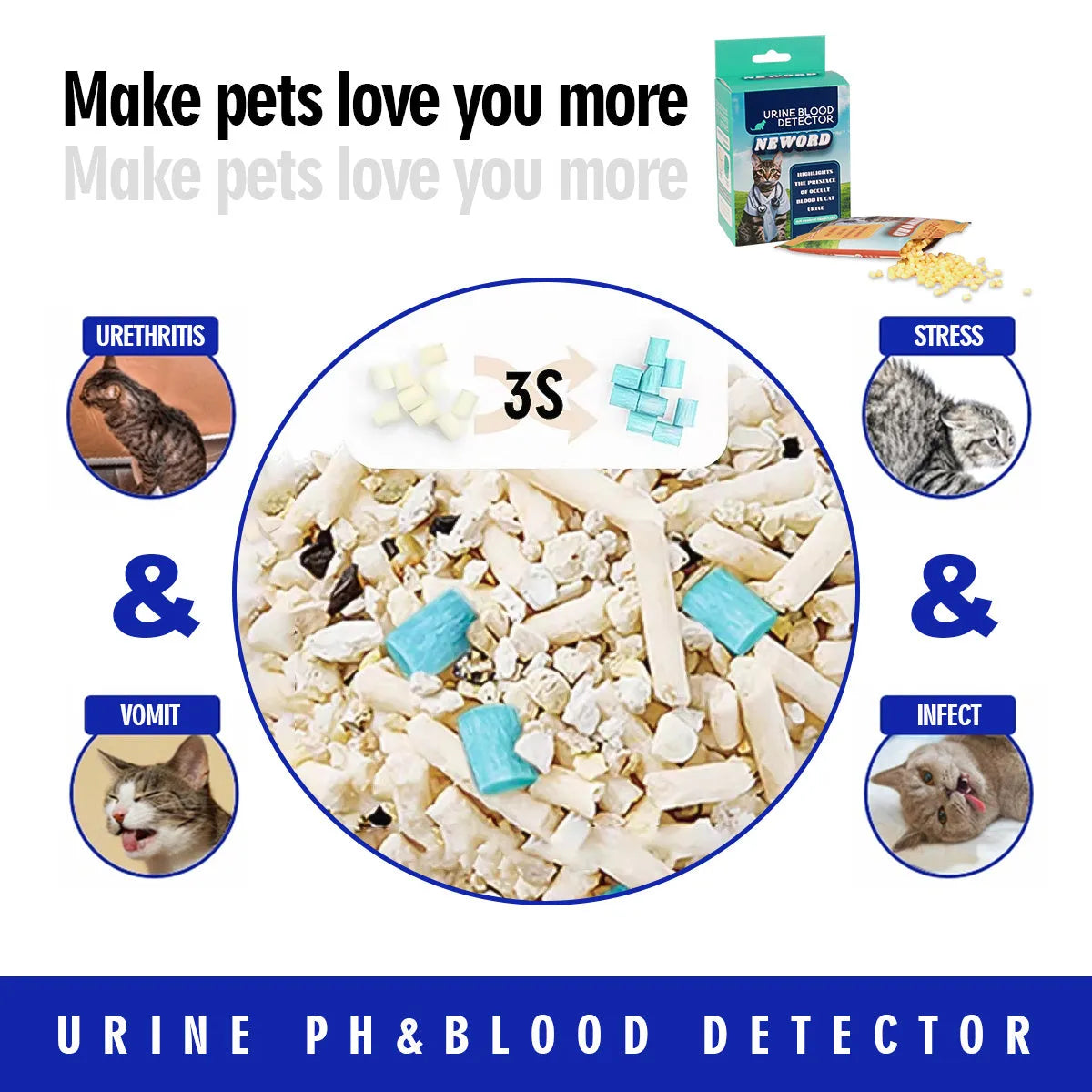 Five cat litter self-checking particles in brown and green for urinary health monitoring