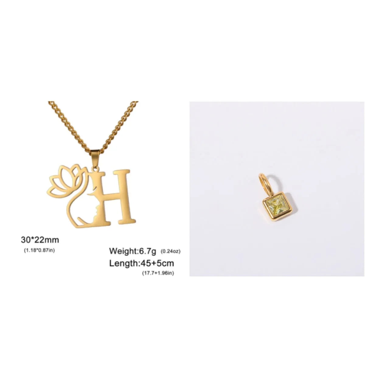 Stainless steel necklace with cross chain and a single initial pendant in a gold or silver finish.