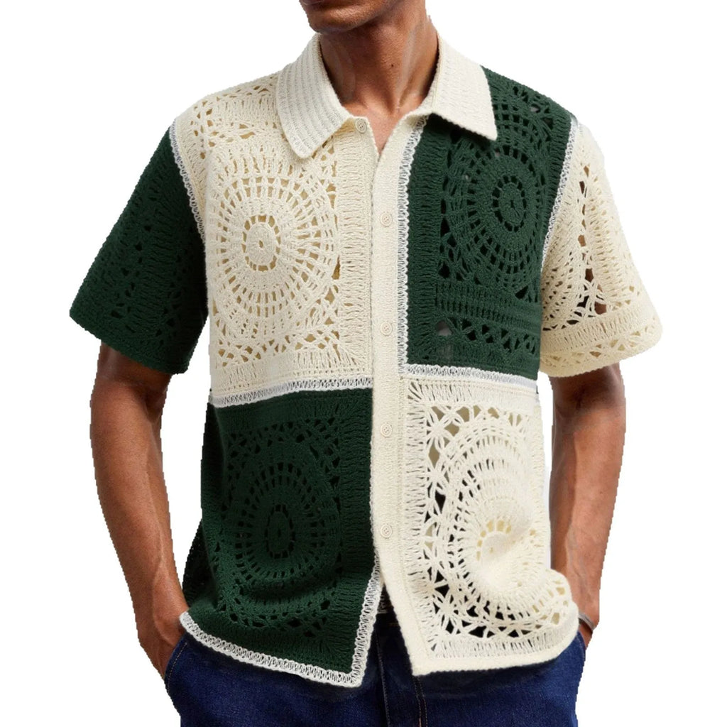Beige colourblock men's short sleeve knitted shirt with flocking detail on a hanger.