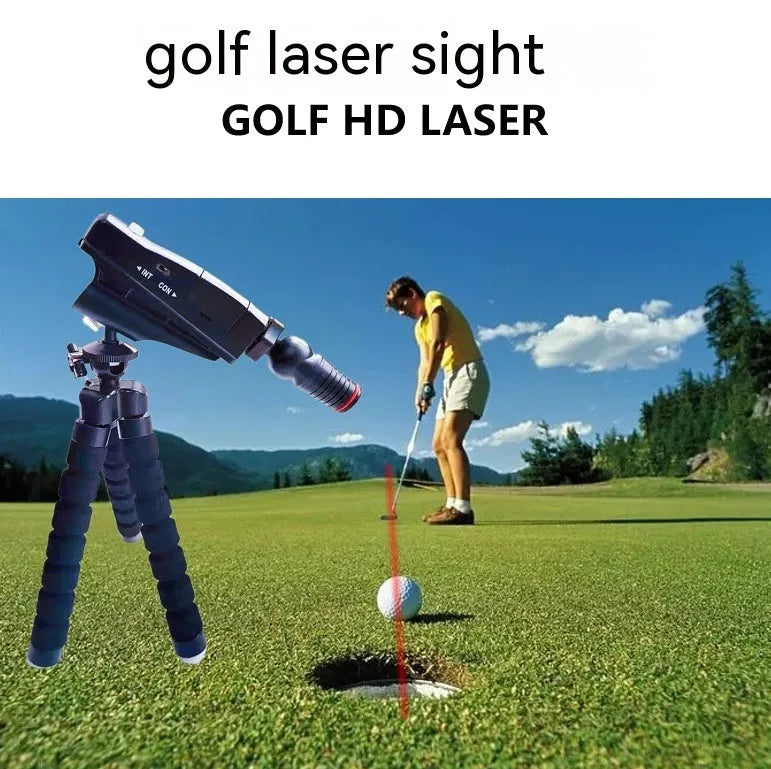 Golf putter laser aiming instrument on a putting green, showing laser alignment line.