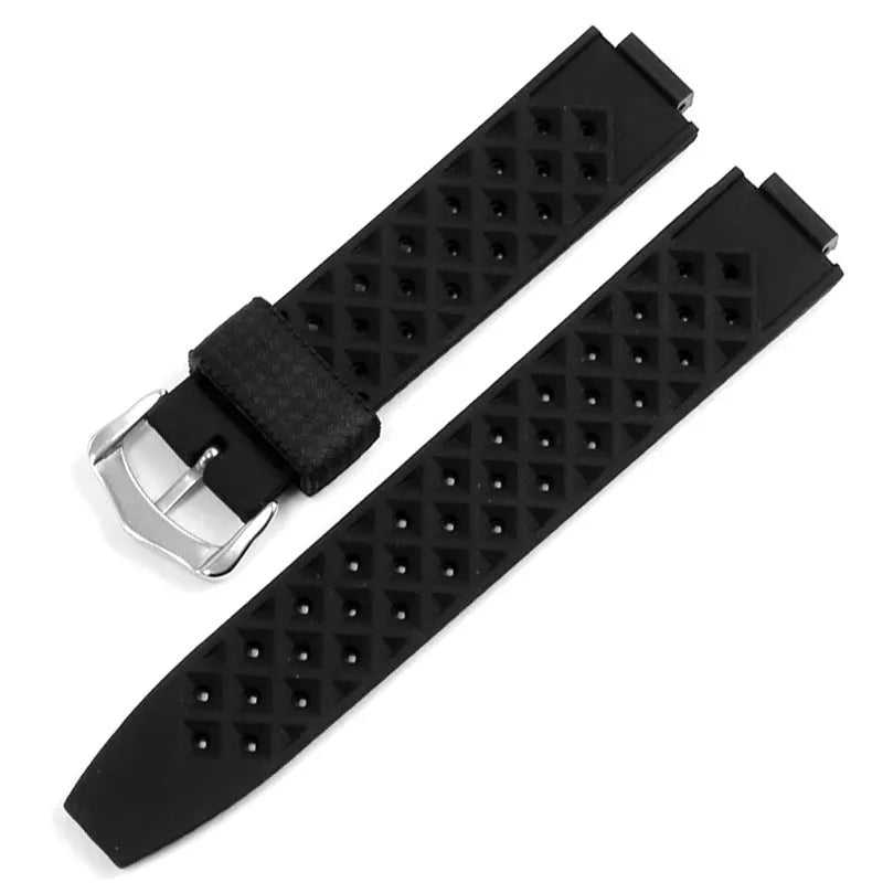 Black silicone watch strap with silver pin buckle and raised mouth design for blue dial watches
