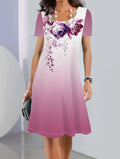 Women's ice silk dress with plants and flowers print, A-line skirt, short sleeves, round neck