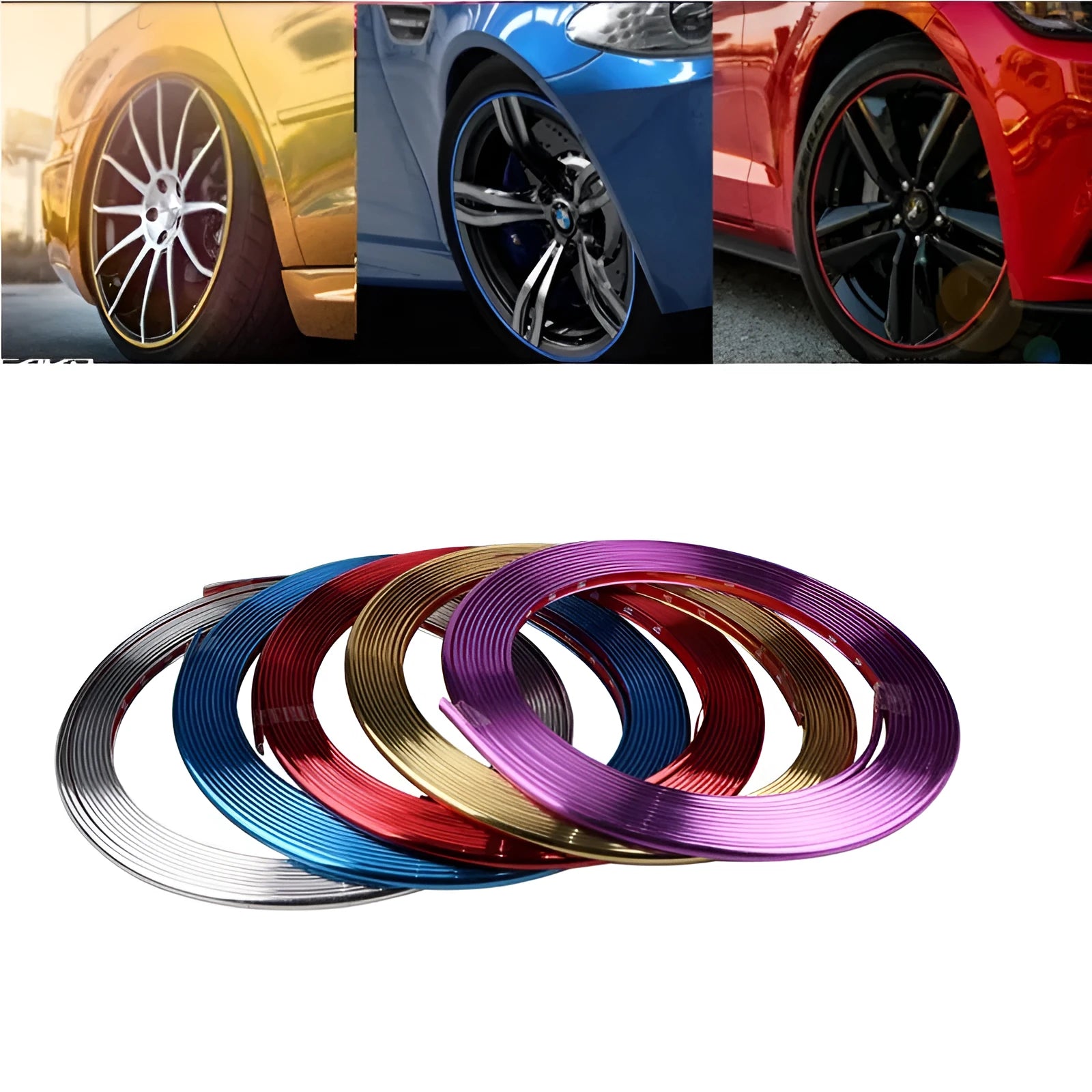 Galvanised purple PVC wheel hub trim protection strip on car alloy wheel