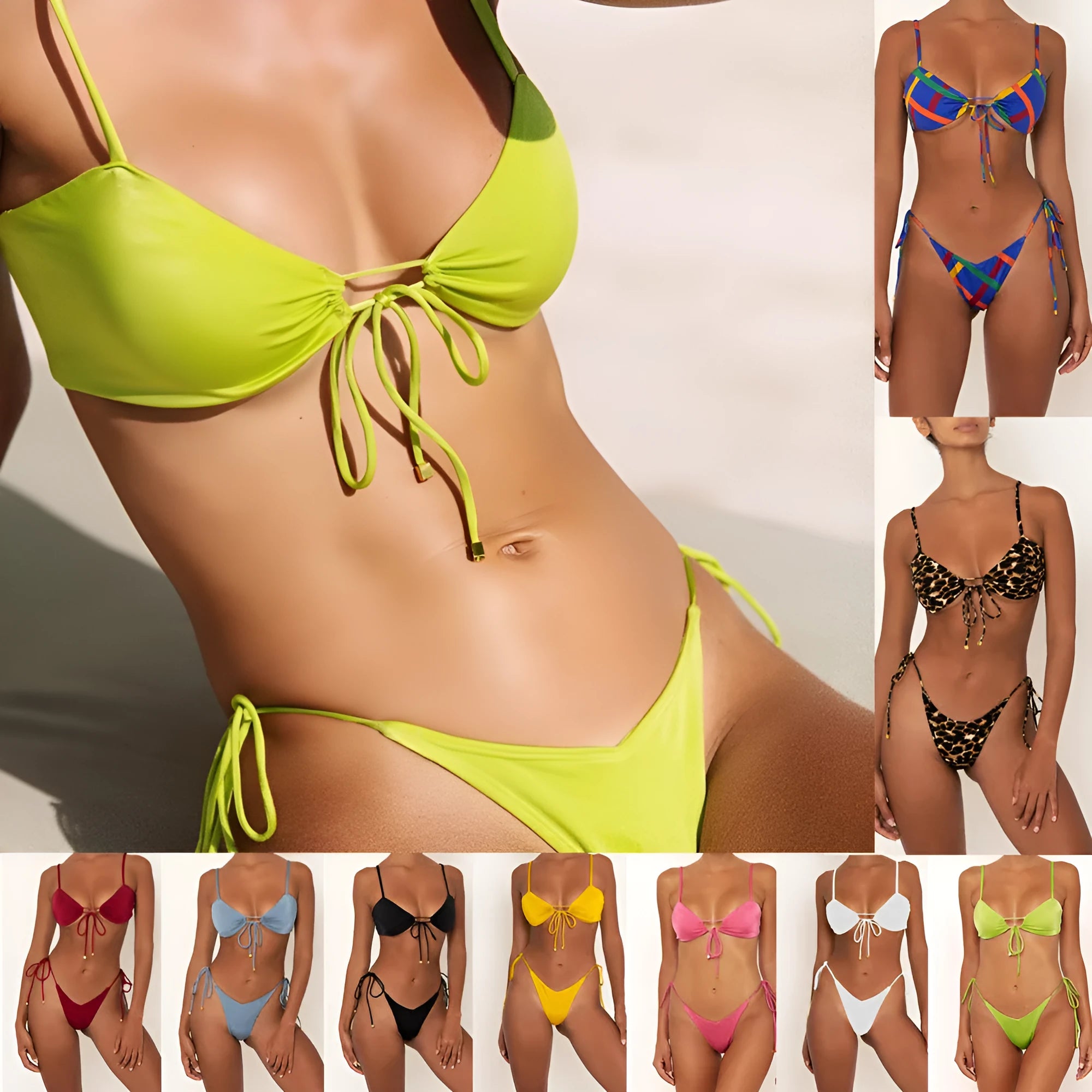 Nylon shiny bikini set with drawstring, solid colour, high elasticity, women European American style swimsuit