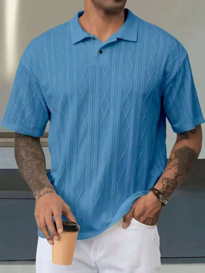Men's loose fit short sleeve T-shirt with a retro button lapel on the collar, in a khaki cotton blend knit.