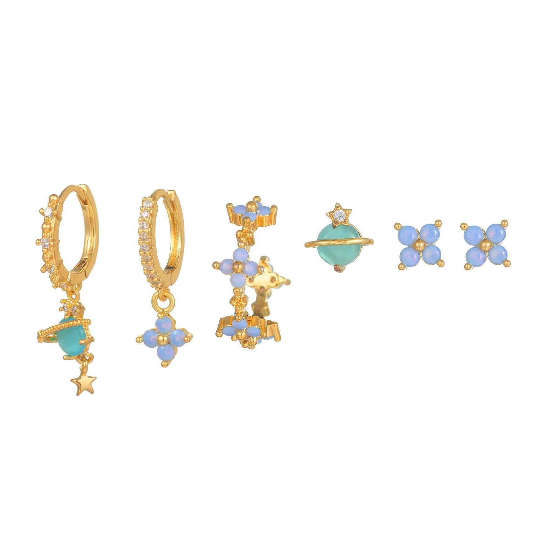 Blue protein colour flower nail design earrings with zircon accents in gold and silver options