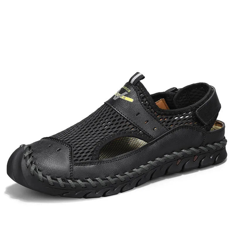 Men's brown leather mesh hollow shoes with round toe and elastic band, showing sewing line details