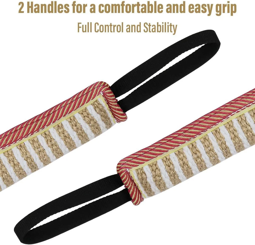 Beige jute dog tug toy with two handles measuring 30cm long for interactive training play