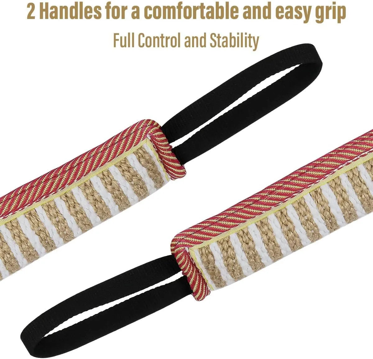 Beige jute dog tug toy with two handles measuring 30cm long for interactive training play