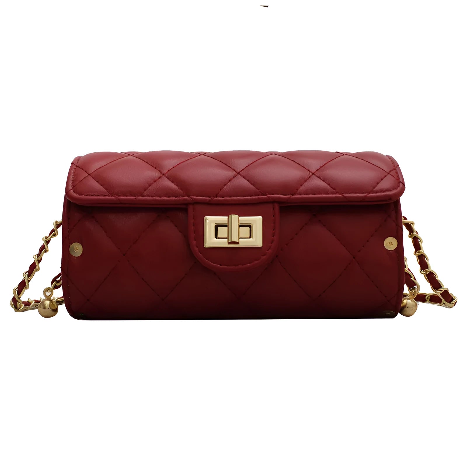 PU medium cylindrical shoulder bag with lock closure and zipper pocket in wine red