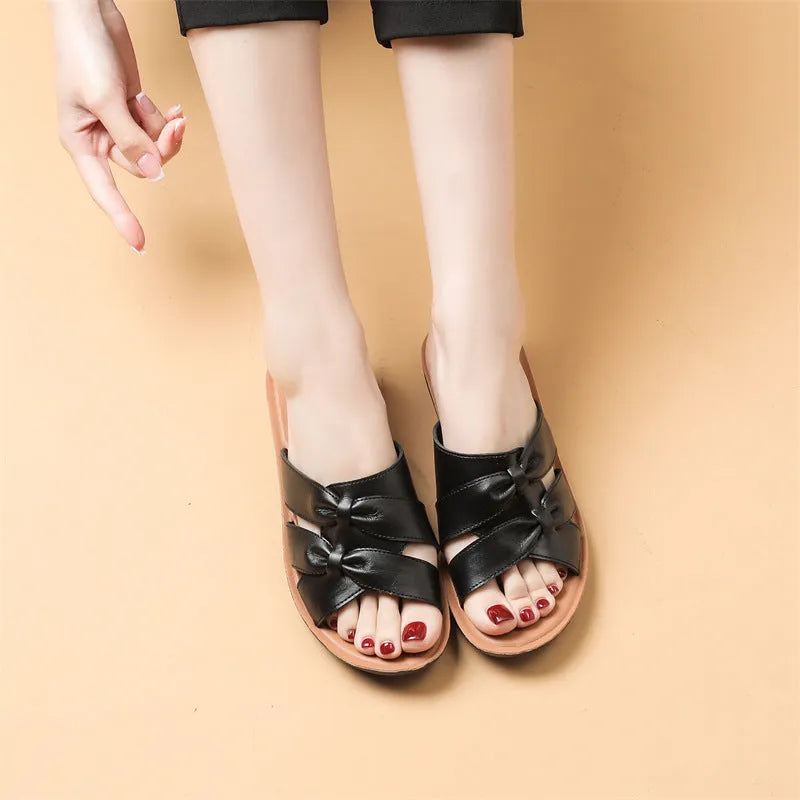 Women's cowhide leather slippers in beige with soft non-slip sole and imitation leather lining