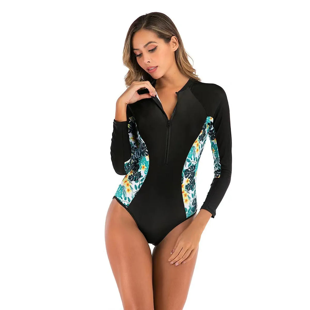 Women's one-piece swimsuit with short sleeves and front zipper in purple floral pattern, polyester fabric