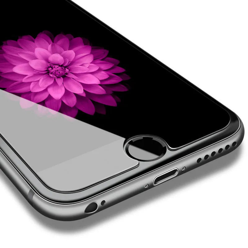 Tempered glass screen protector with 0.26mm arc edge for iPhone, showing film aligned over phone screen