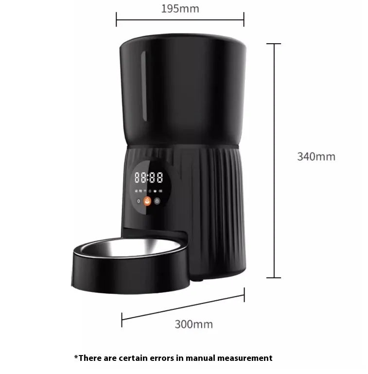 Black and white intelligent pet feeder with automatic timing and quantitative remote control via smartphone app