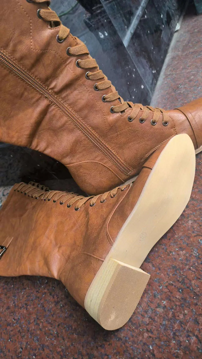 Women's black cross strap knight boots with PU upper material shown from multiple angles