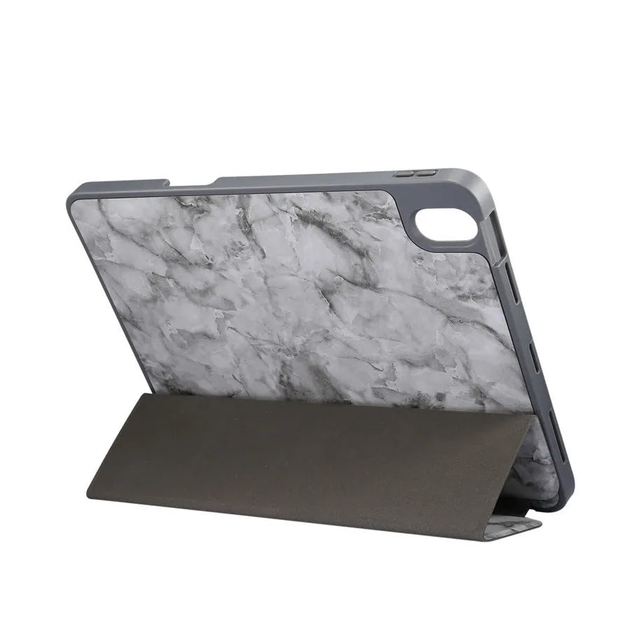 Tri-fold marbling imitation leather iPad case with pen slot in dark gray colour