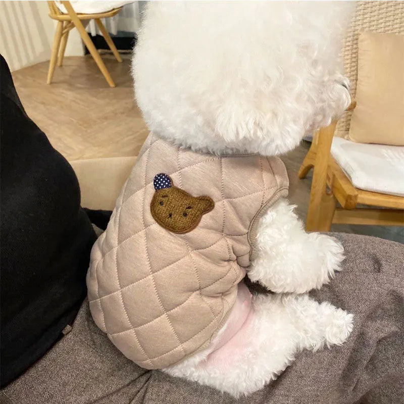 Quilted pet vest with embroidered bear patch and polka-dot ears, cream beige colour, for small dogs, side view