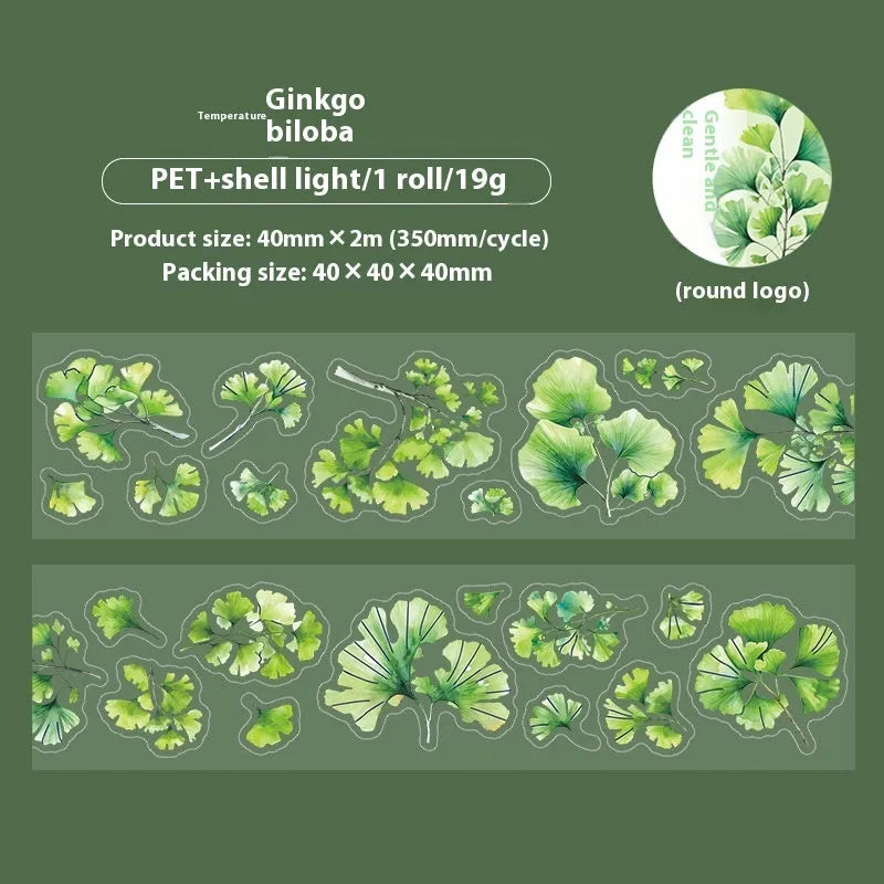 Deciduous Poetry Series PET decorative sticker roll showing autumn leaf patterns in six colours, 40mm wide.