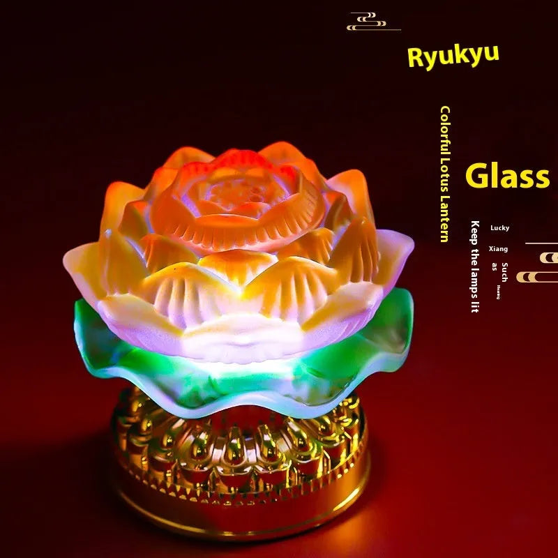 Yellow Chinese style Buddha lotus lamp on a wooden surface, shown in both flower bud and flowering designs.