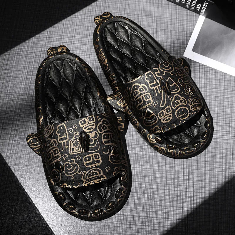 Casual open-toe shark design slippers in EVA material on a colour selection background.