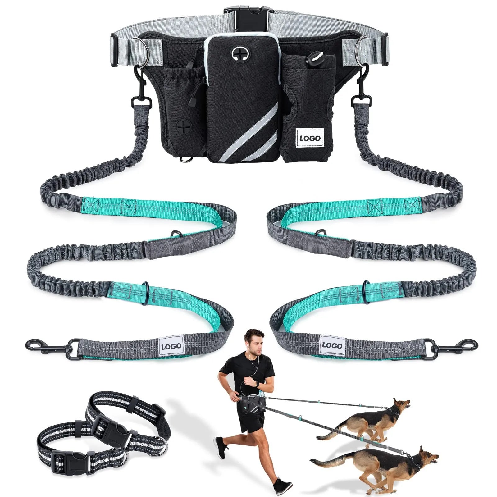 Black outdoor dog walking set with waist bag and adjustable leash on nylon material