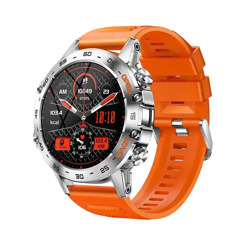 Bluetooth calling smart watch with IPS touch screen on wrist, showing health metrics display