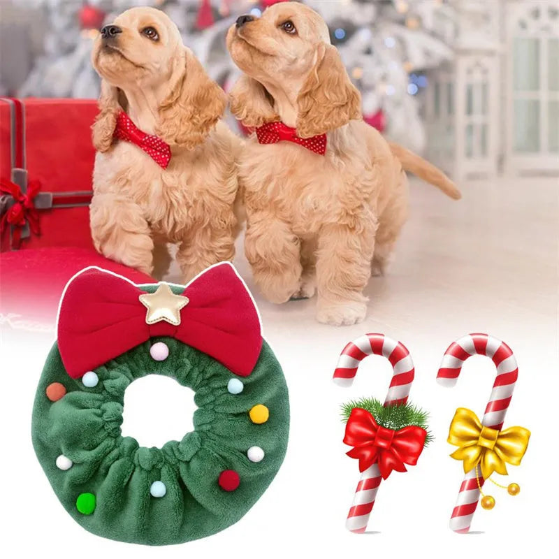 Green Christmas pet bow-knot collar with colourful fuzzy balls on a cat or dog for festive photo props