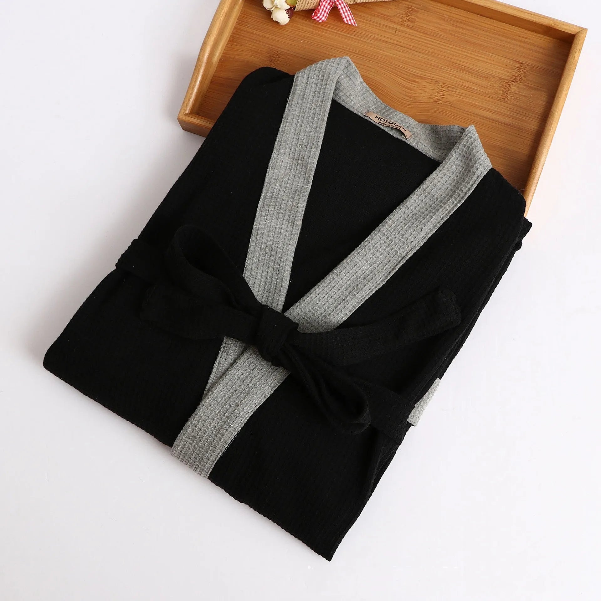 Cotton waffle robe bathrobe towel cardigan for men in gray black with long sleeves and wide brim