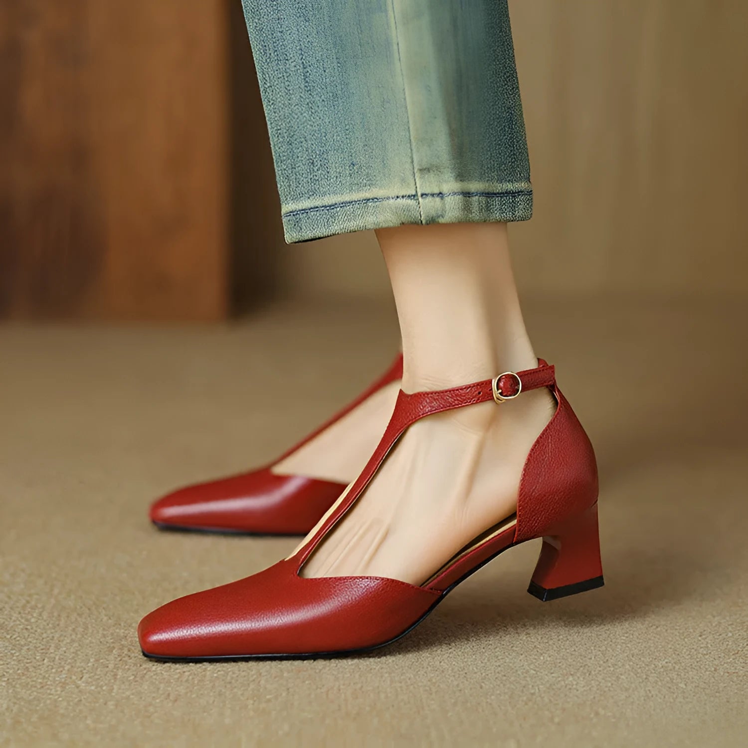 Women's wine red retro square toe chunky heel sheepskin leather shoes with buckle fastening