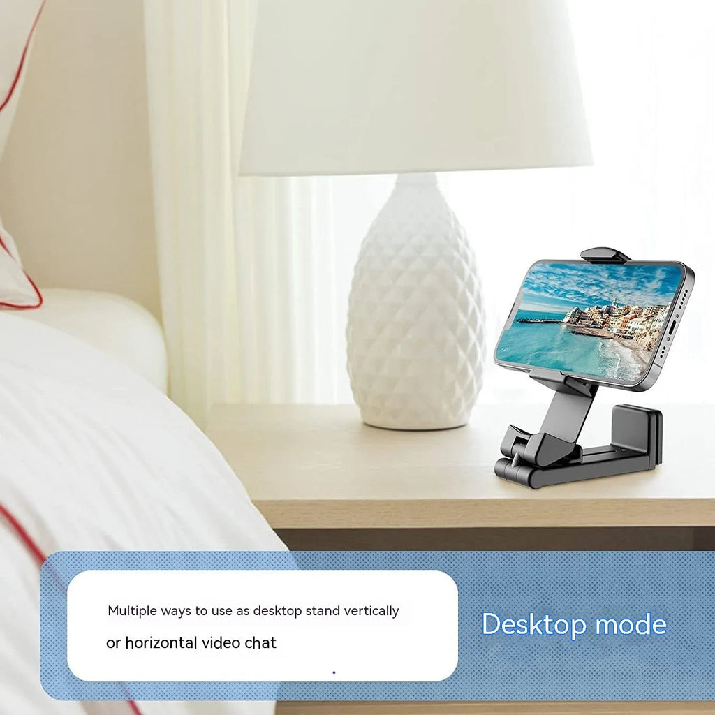 Foldable rotating universal phone holder in black, grey, or green colours showing adjustable viewing angles