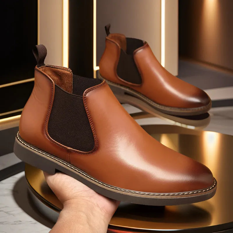 Men's plus size British style leather boots with square heel, solid colour, and rubber sole in black finish