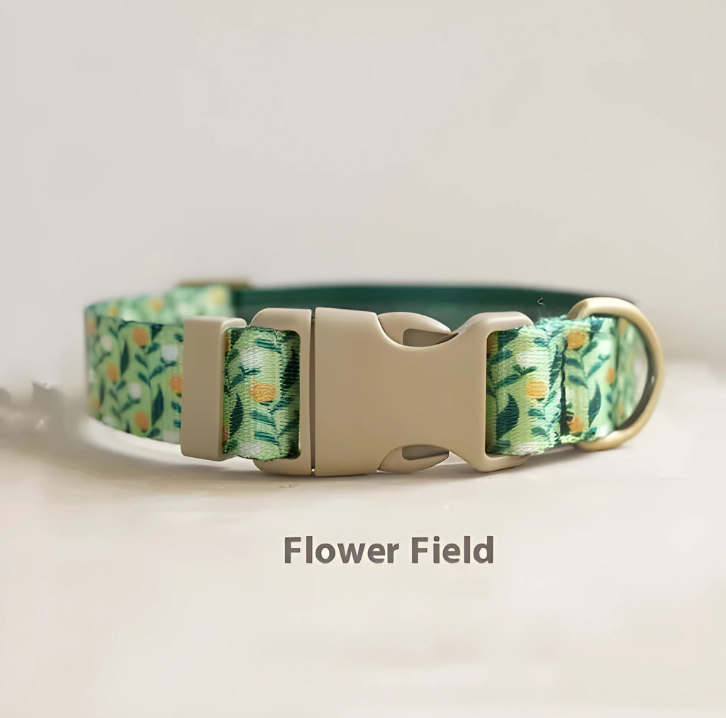 Floral pattern nylon ribbon dog collar in hanada blue with adjustable sizing for small to large dogs