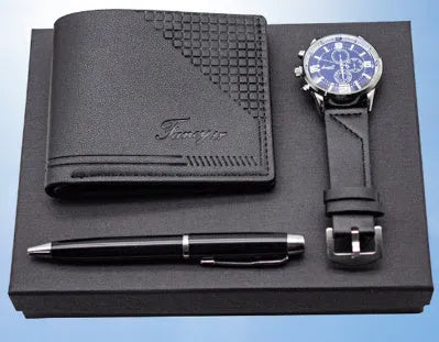 Creative holiday gift set containing wallet, pen and watch in gift box, available in black or brown