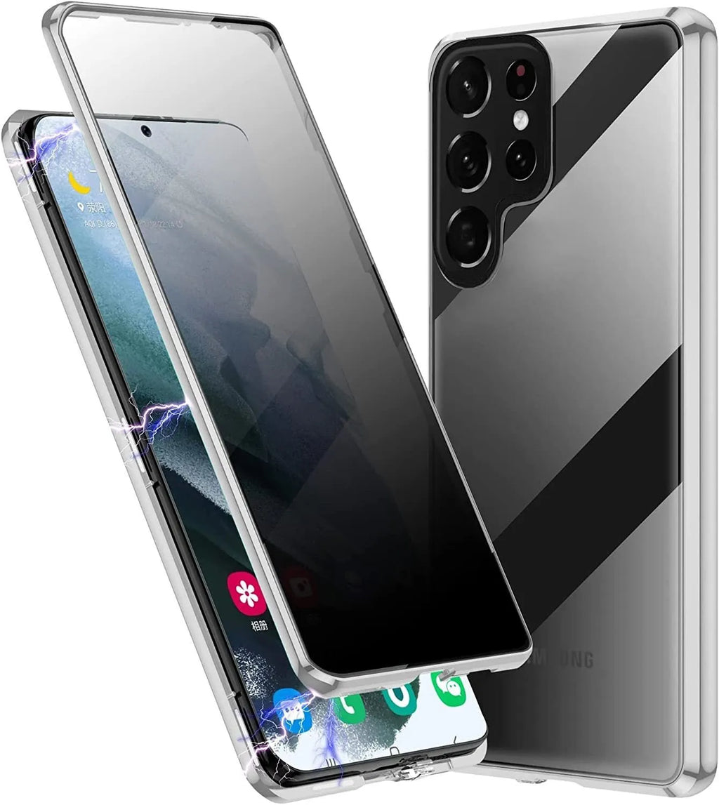 Peep-proof phone case with double-sided glass and aluminium alloy frame in black, showing rear camera cutout and magnetic set
