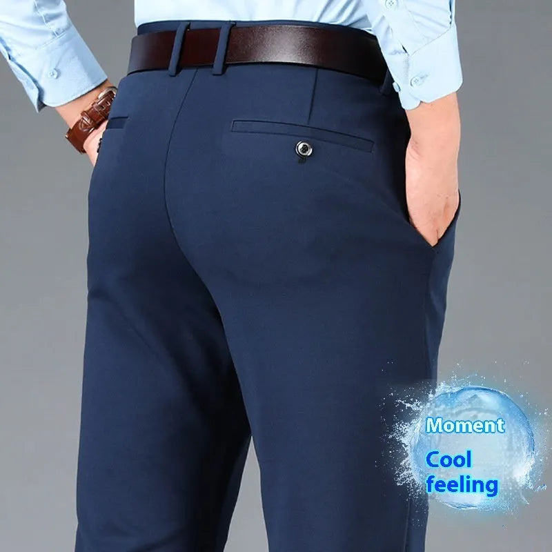 Men's plus-sized straight-leg trousers in navy blue with an elasticated waistband, shown with a zip fly and business casual styling.