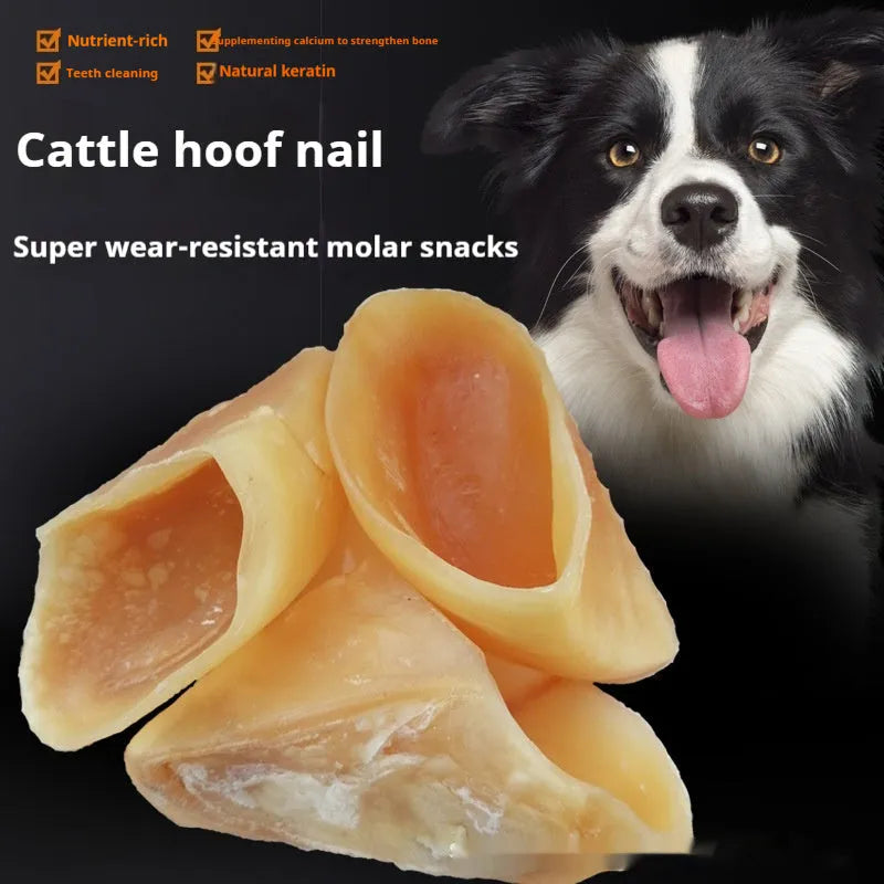 Natural cowhide dog chew rods in hoof shell colour, shown in two sizes for small and medium-large dogs