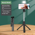 Bluetooth selfie stick tripod with built-in light, 70cm extendable arm, and universal phone holder in Black