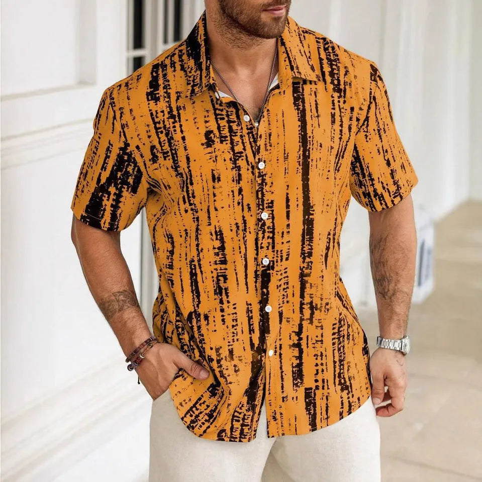 Man wearing a short sleeve casual shirt with 3D printed stripes in a choice of apricot, blue, white, or yellow.