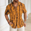 Man wearing a short sleeve casual shirt with 3D printed stripes in a choice of apricot, blue, white, or yellow.