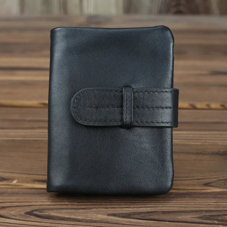 Genuine leather women's wallet in black showing vertical style with multiple card slots