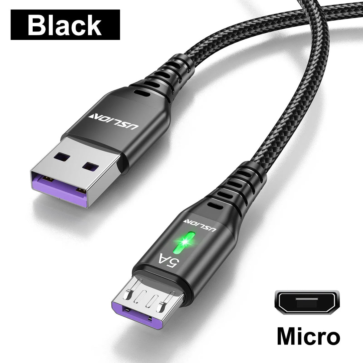 Braided data cable with green indicator light for Android Type-C devices in black blue purple red lengths 0.3m 1m 2m 3m