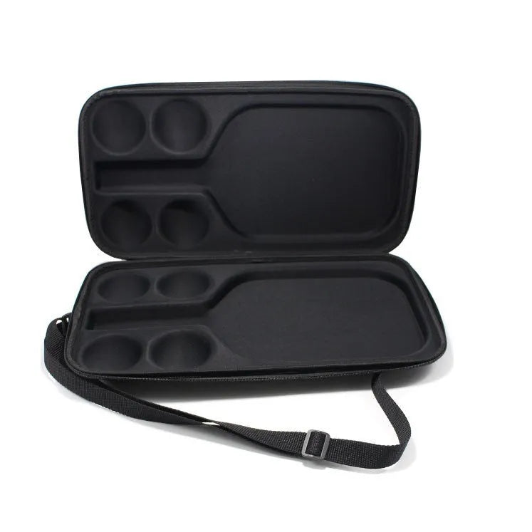 Black EVA pickleball storage bag with shoulder straps, shown holding a paddle and balls.