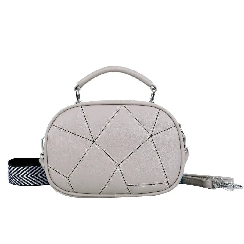 Fashion three-layer retro patchwork small bag in PU, round shape, stitching detail, 20x15 cm